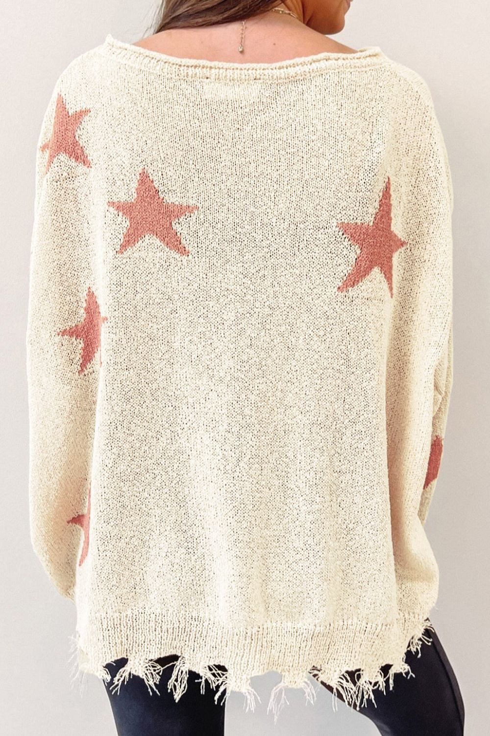 Contrast Star Raw Hem Long Sleeve Knit Top-Angel Casuals