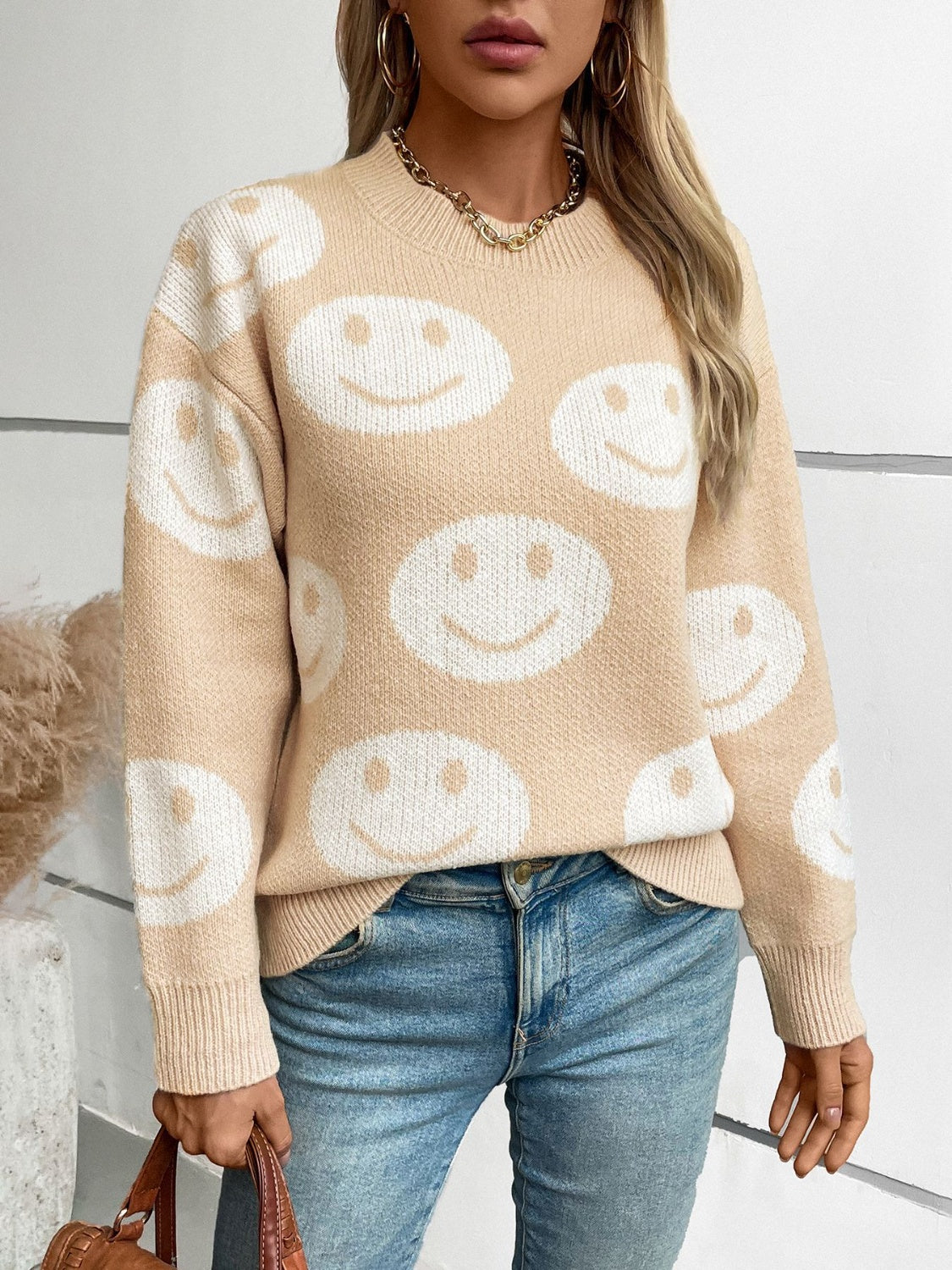 Smile Pattern Round Neck Long Sleeve Sweater-Angel Casuals