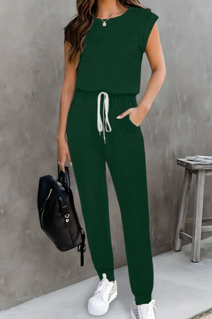 Drawstring Round Neck Sleeveless Jumpsuit-Angel Casuals