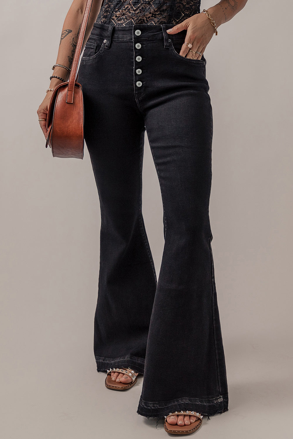 Button-Fly Flare Jeans with Pockets-Angel Casuals