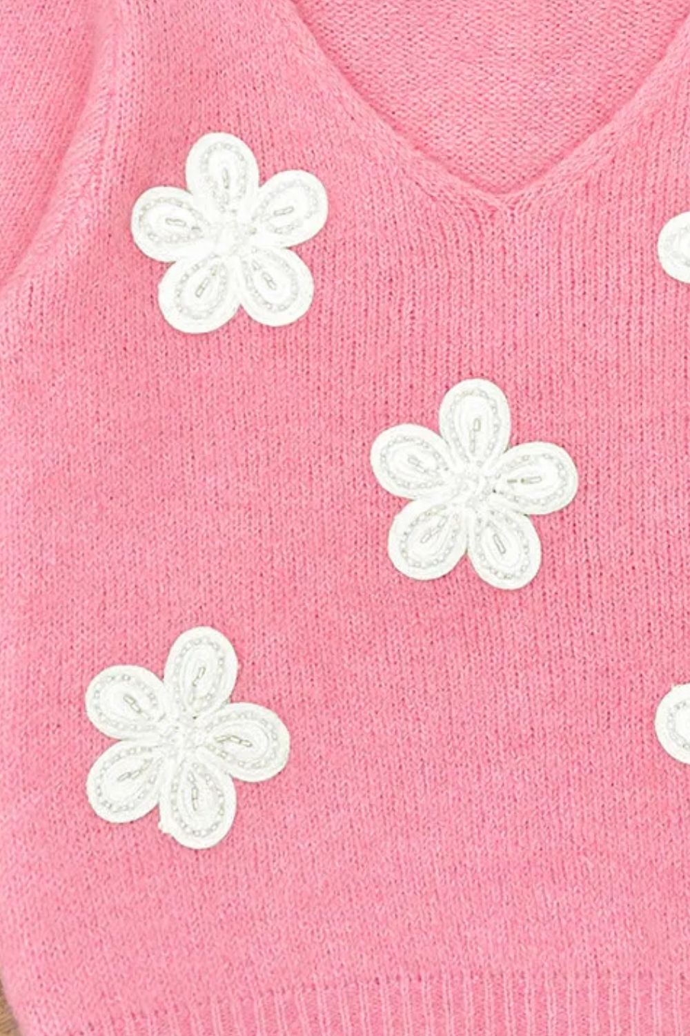 Flower V-Neck Short Sleeve Sweater-Angel Casuals