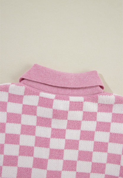 Checkered Collared Neck Long Sleeve Sweater-Angel Casuals