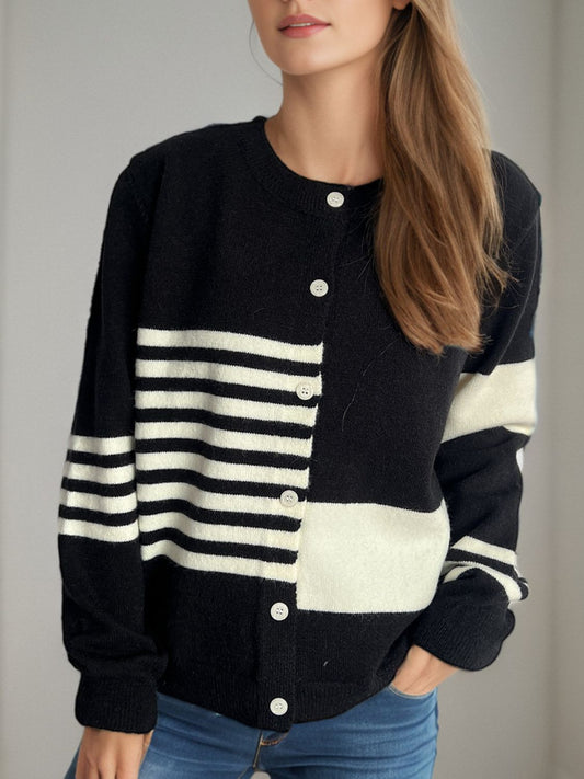 Striped Color Block Round Neck Cardigan-Angel Casuals