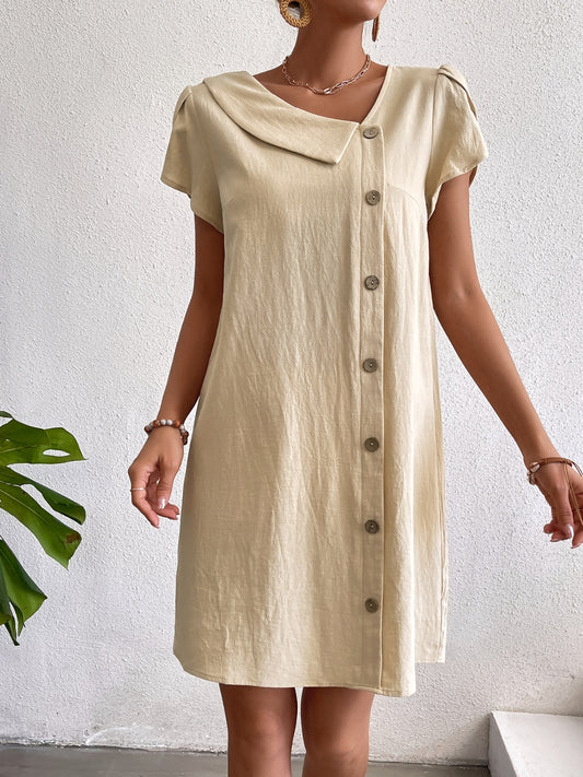 Decorative Button Asymmetrical Neck Short Sleeve Dress-Angel Casuals