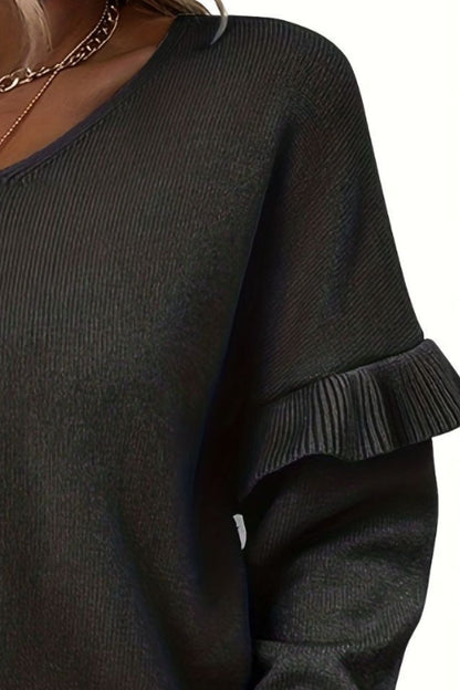 V-Neck Ruffle Trim Long Sleeve Sweater-Angel Casuals