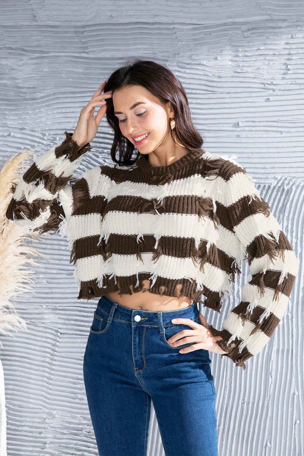 Striped Fringe Round Neck Sweater-Angel Casuals