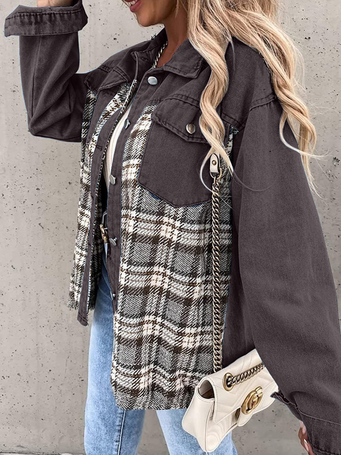 Plaid Button Up Dropped Shoulder Jacket-Angel Casuals