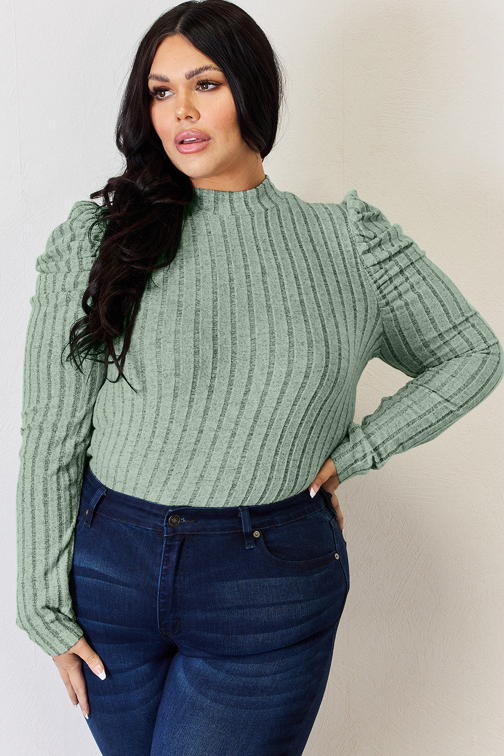 Basic Bae Full Size Ribbed Mock Neck Puff Sleeve T-Shirt-Angel Casuals