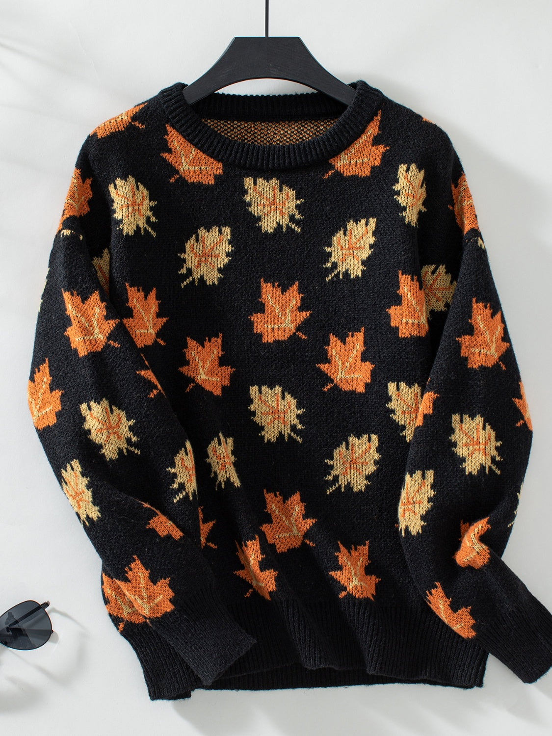 Maple Leaf Round Neck Long Sleeve Sweater-Angel Casuals