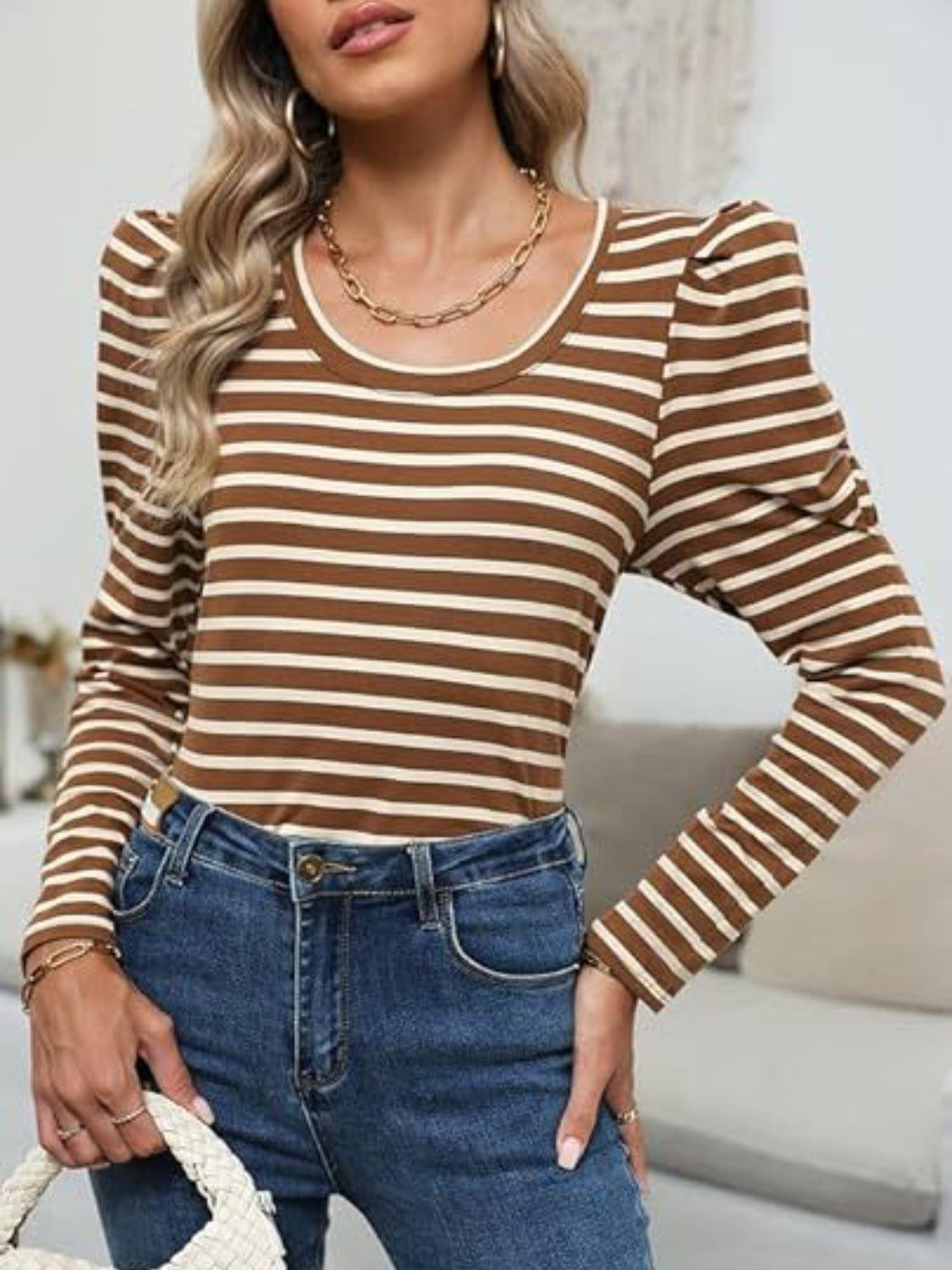 Striped Round Neck Long Sleeve T-Shirt-Angel Casuals