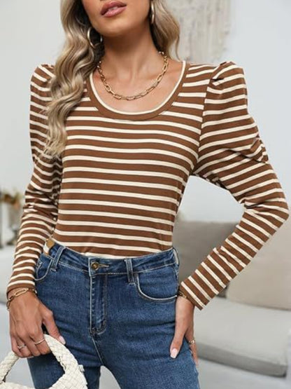 Striped Round Neck Long Sleeve T-Shirt-Angel Casuals