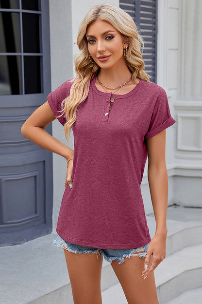 Round Neck Rolled Short Sleeve T-Shirt-Angel Casuals