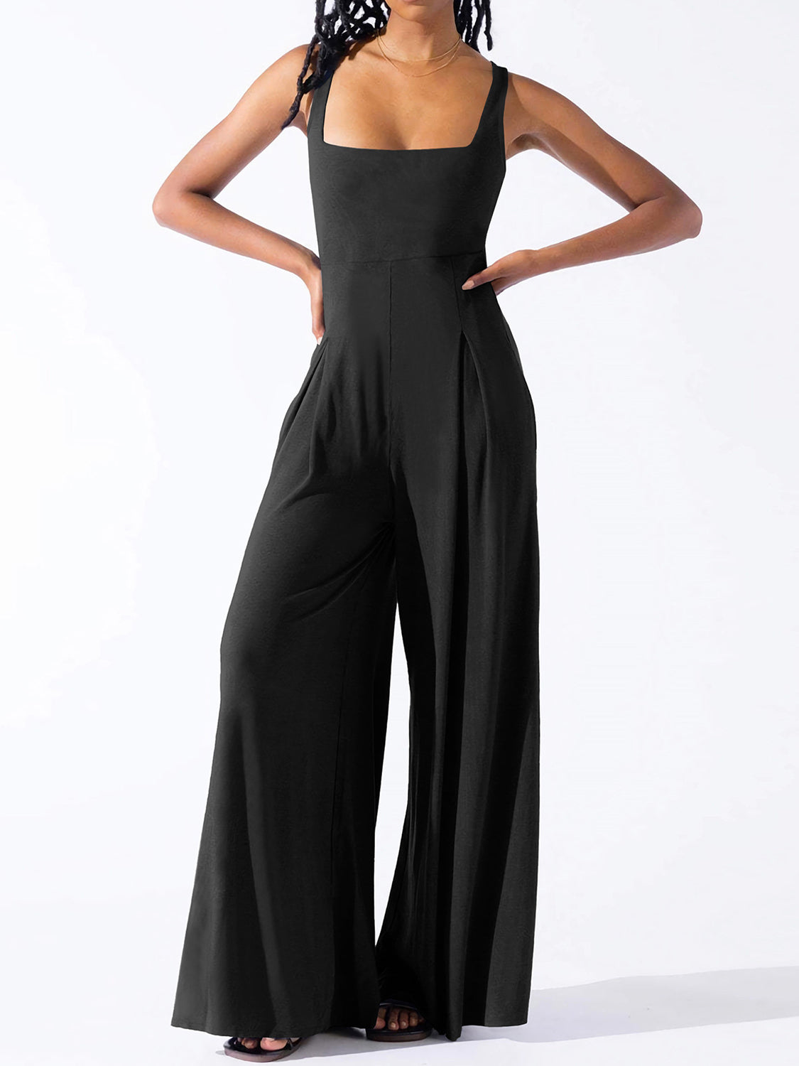 Square Neck Wide Strap Jumpsuit-Angel Casuals