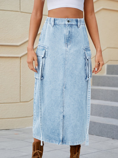 Slit Pocketed High Waist Denim Skirt-Angel Casuals