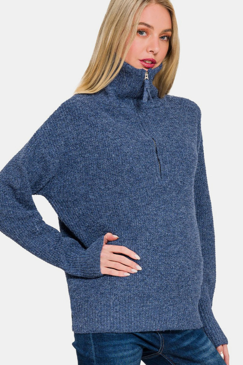 Zenana Half Zip Long Sleeve Sweater-Angel Casuals