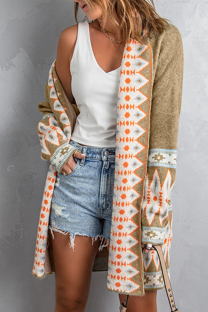 Geometric Open Front Long Sleeve Cardigan-Angel Casuals