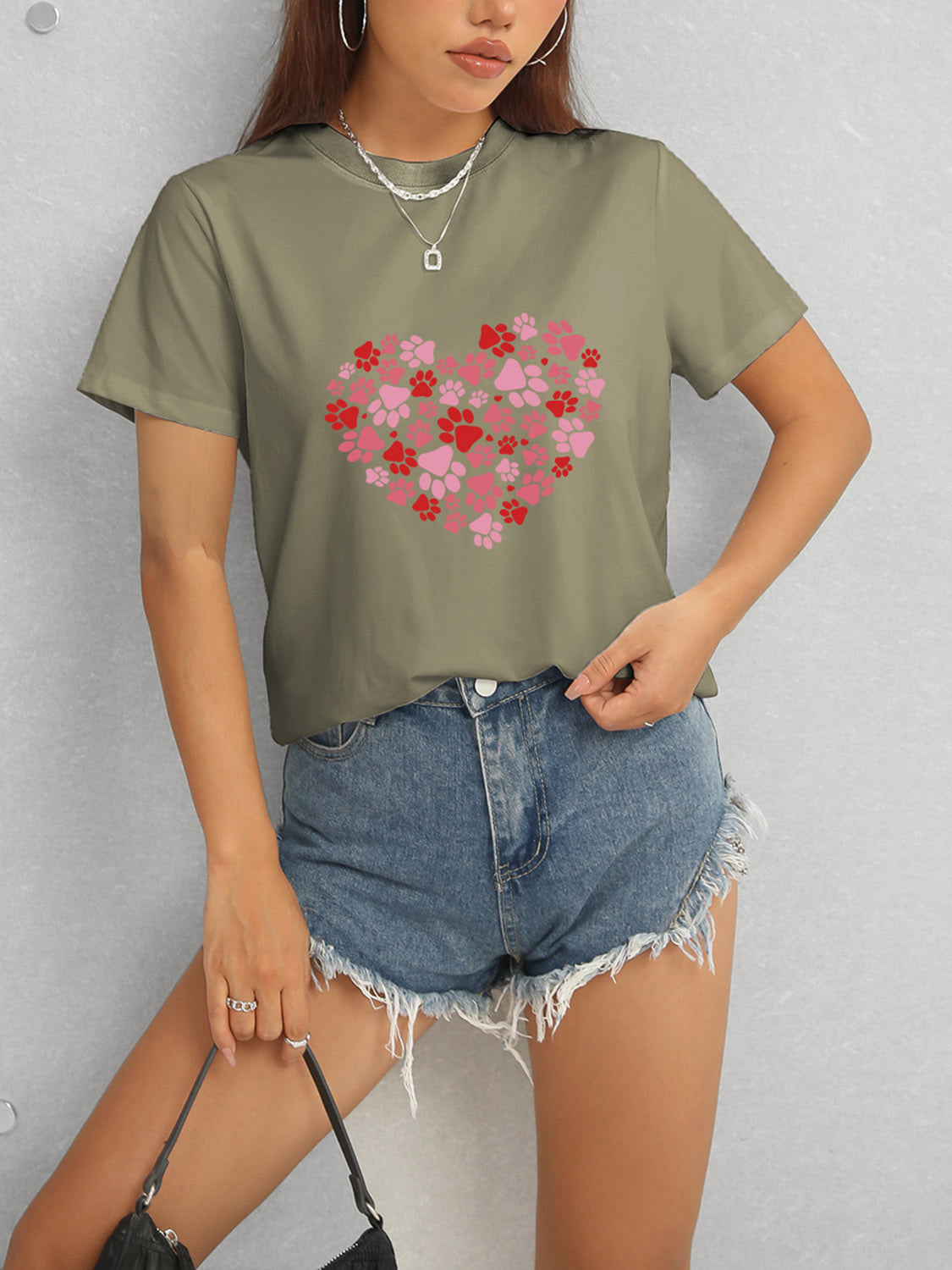 Heart Round Neck Short Sleeve T-Shirt-Angel Casuals