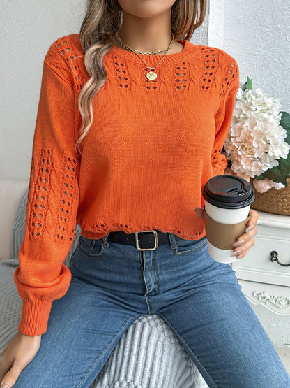 Openwork Round Neck Long Sleeve Sweater-Angel Casuals