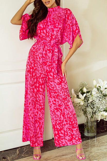 Printed Mock Neck Kimono Sleeve Jumpsuit-Angel Casuals