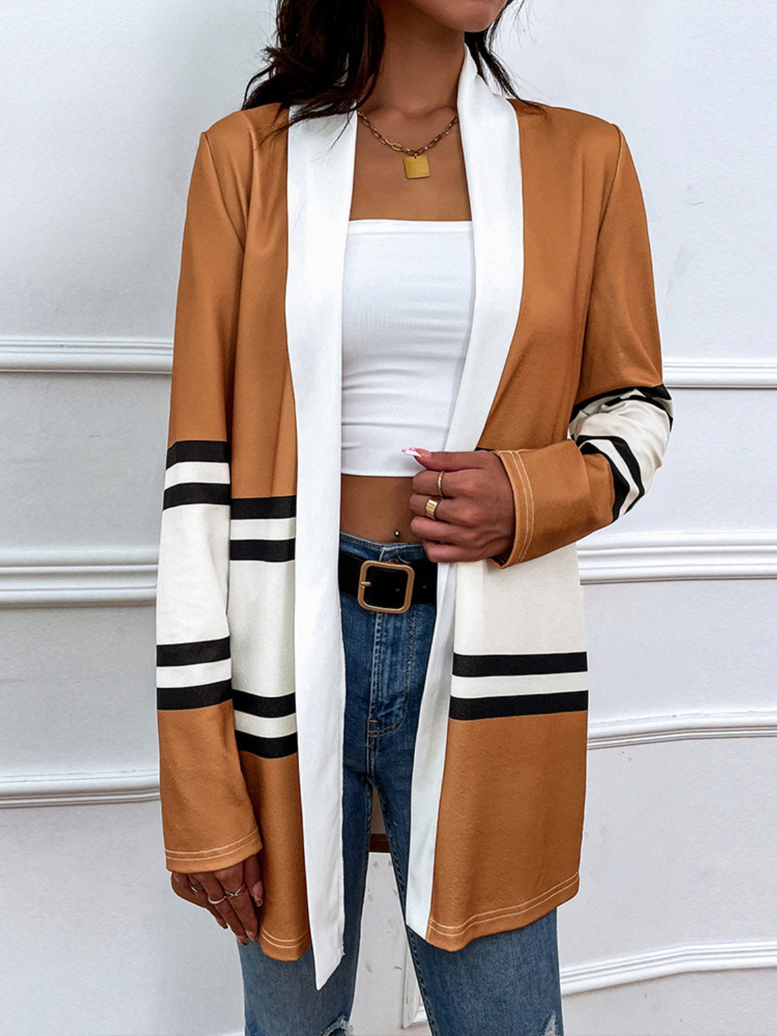 Shiny Color Block Open Front Cardigan-Angel Casuals