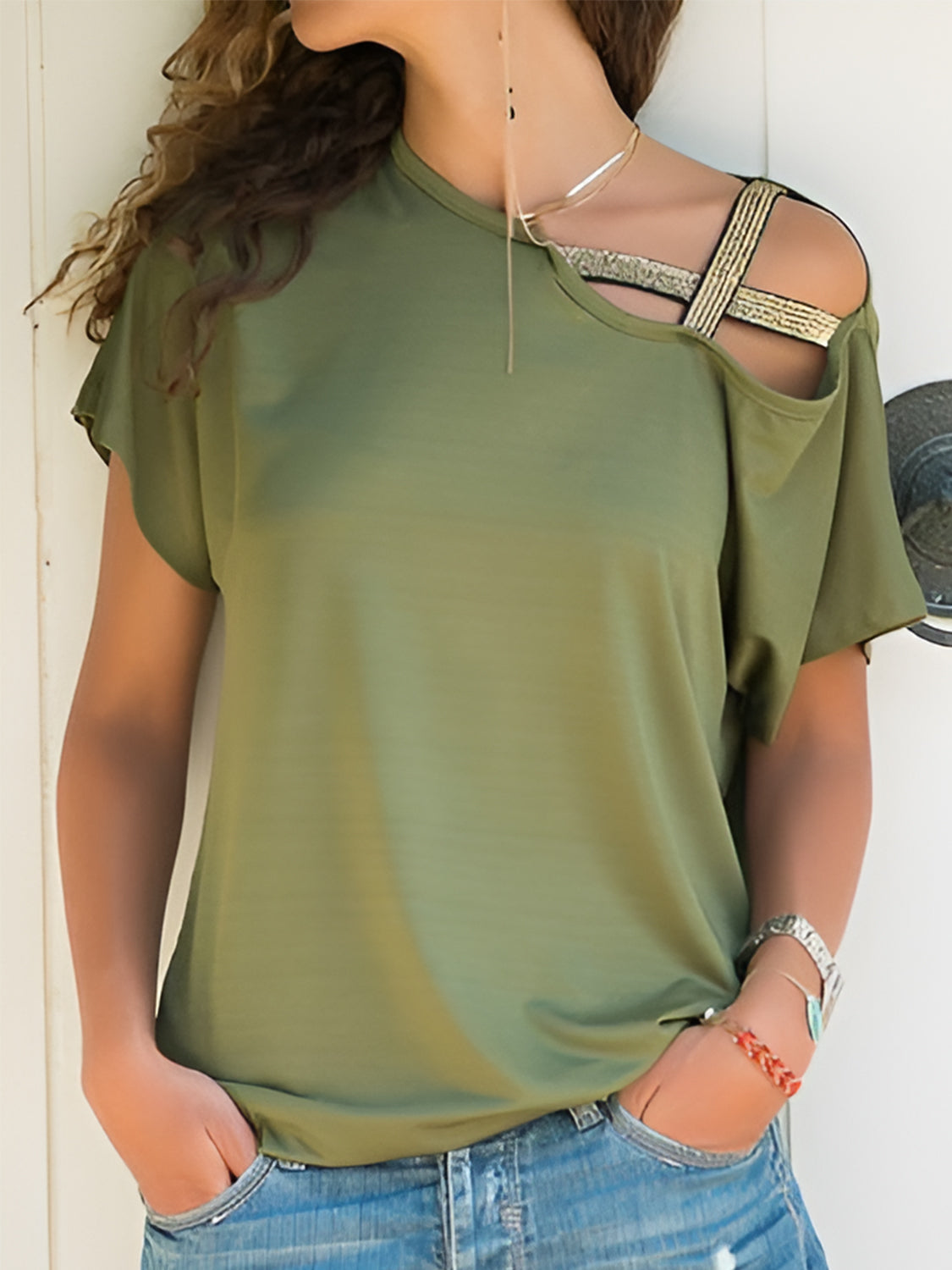Asymmetrical Neck Short Sleeve T-Shirt-Angel Casuals
