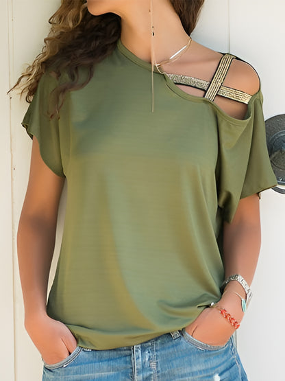 Asymmetrical Neck Short Sleeve T-Shirt-Angel Casuals