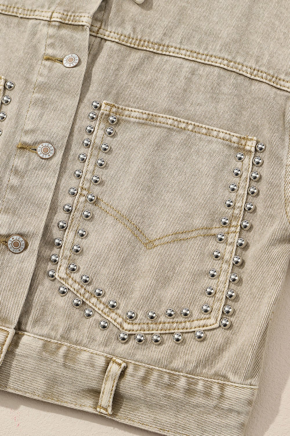 Studded Collared Neck Denim Jacket with Pockets-Angel Casuals