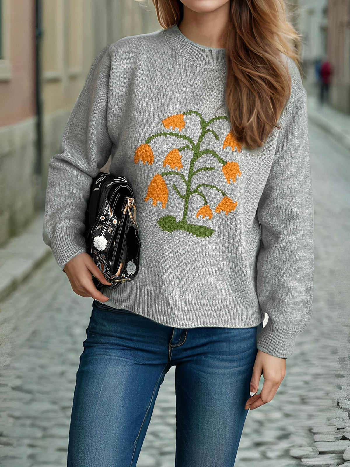 Plant Round Neck Long Sleeve Sweater-Angel Casuals