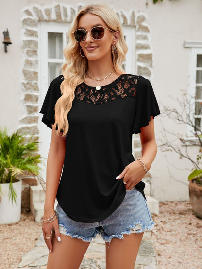 Lace Detail Round Neck Short Sleeve T-Shirt-Angel Casuals