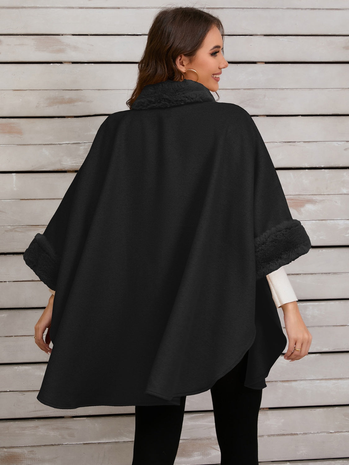 Fuzzy Trim Long Sleeve Poncho-Angel Casuals