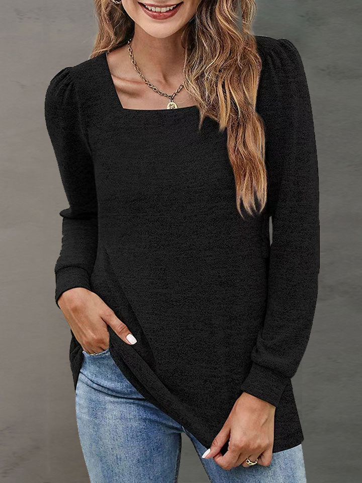 Heathered Square Neck Long Sleeve T-Shirt-Angel Casuals