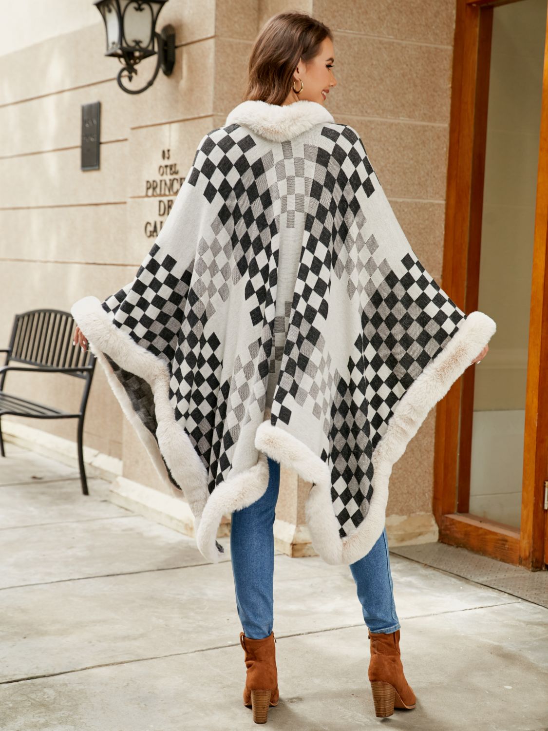 Checkered Faux Fur Trim Poncho-Angel Casuals