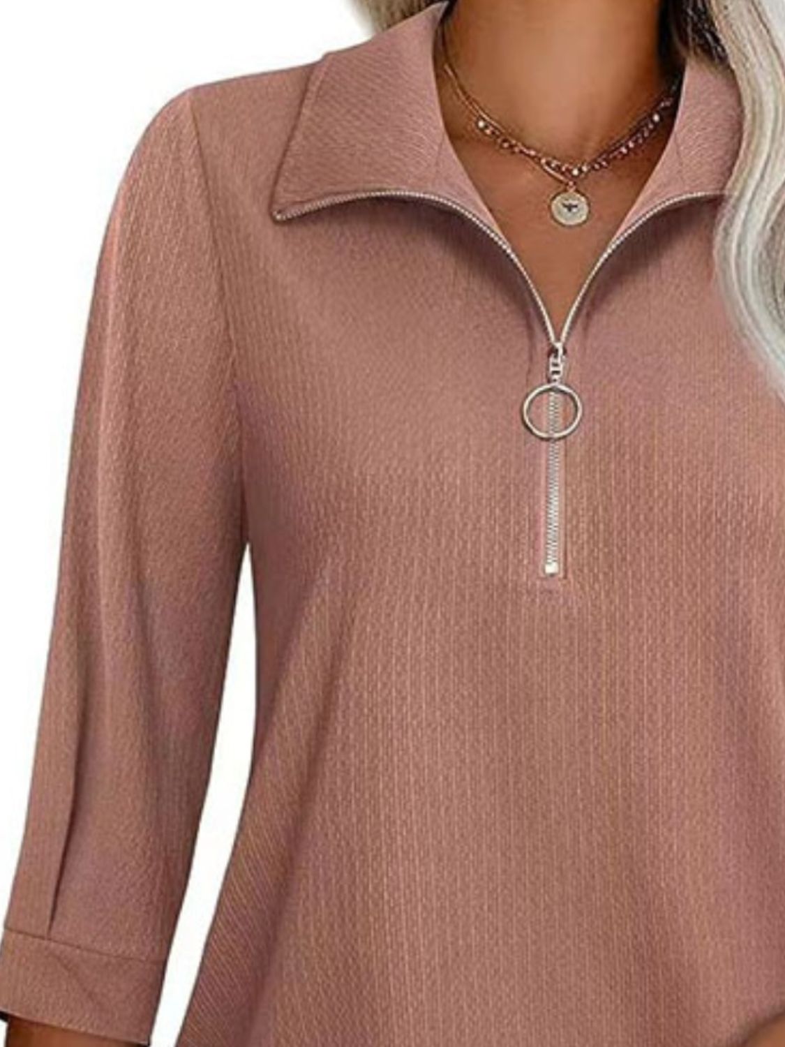 Half Zip Collared Neck Three-Quarter Sleeve T-Shirt-Angel Casuals