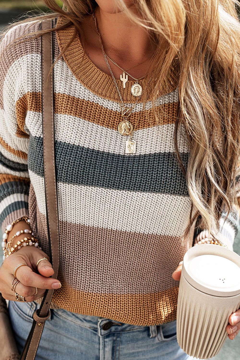 Striped Round Neck Dropped Shoulder Sweater-Angel Casuals