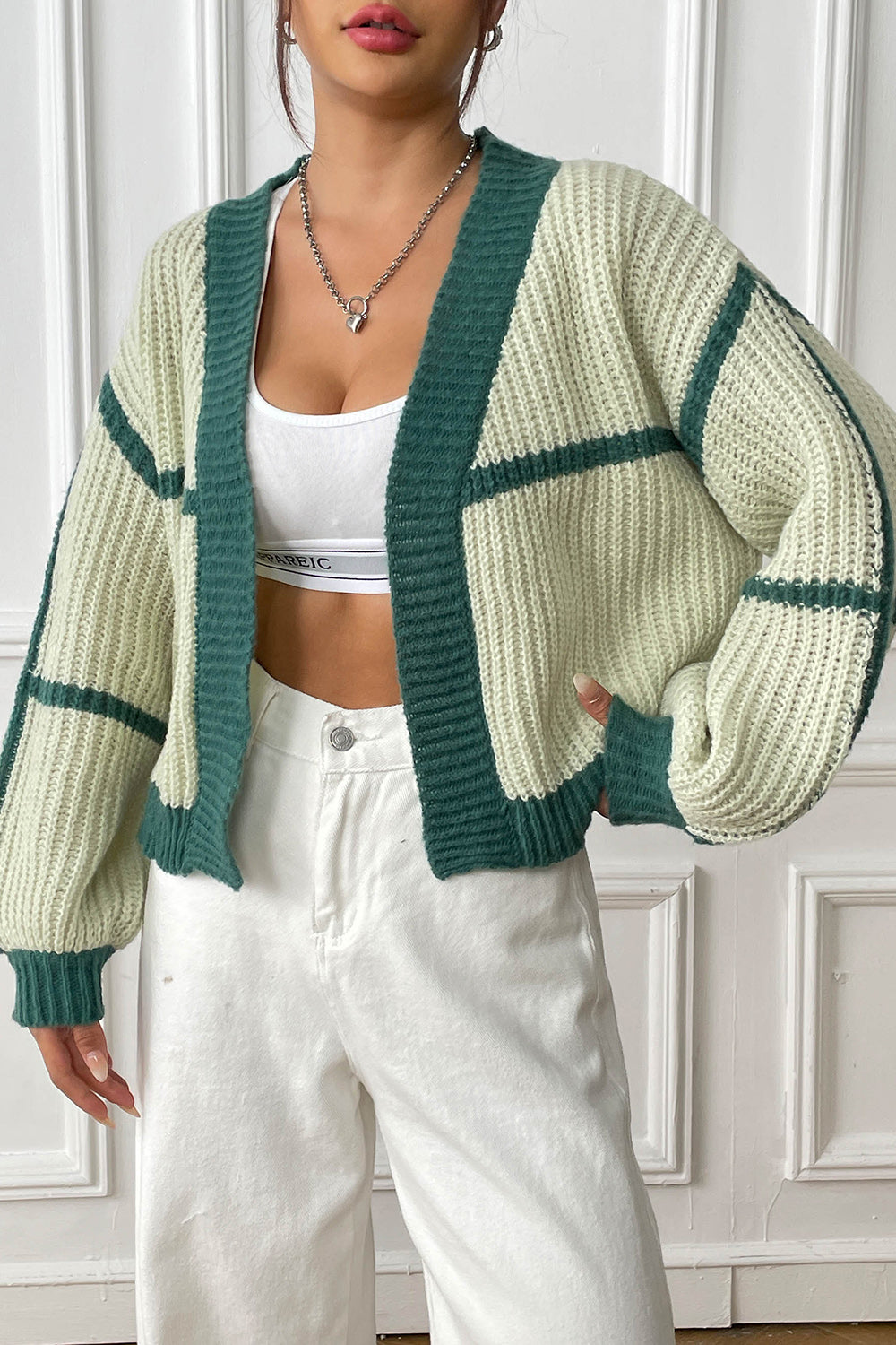 Contrast Open Front Long Sleeve Cardigan-Angel Casuals