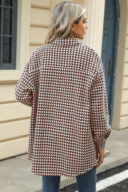 Houndstooth Button Up Dropped Shoulder Coat-Angel Casuals