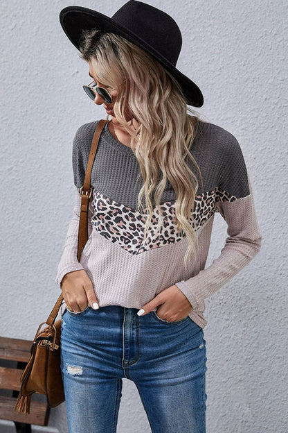 Leopard Color Block Waffle-Knit Long Sleeve Top-Angel Casuals