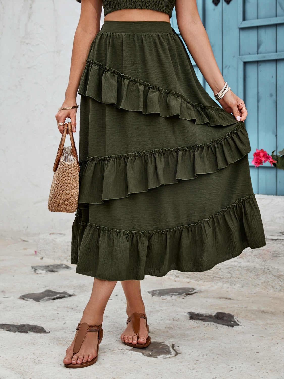 Ruffled Elastic Waist Midi Skirt-Angel Casuals