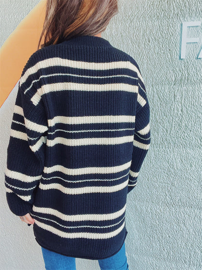 Striped Round Neck Long Sleeve Sweater-Angel Casuals