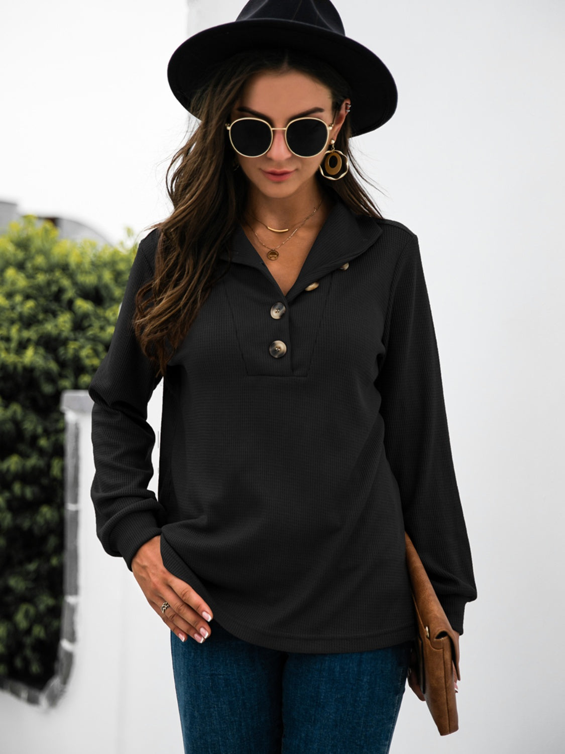 Half Button Long Sleeve T-Shirt-Angel Casuals