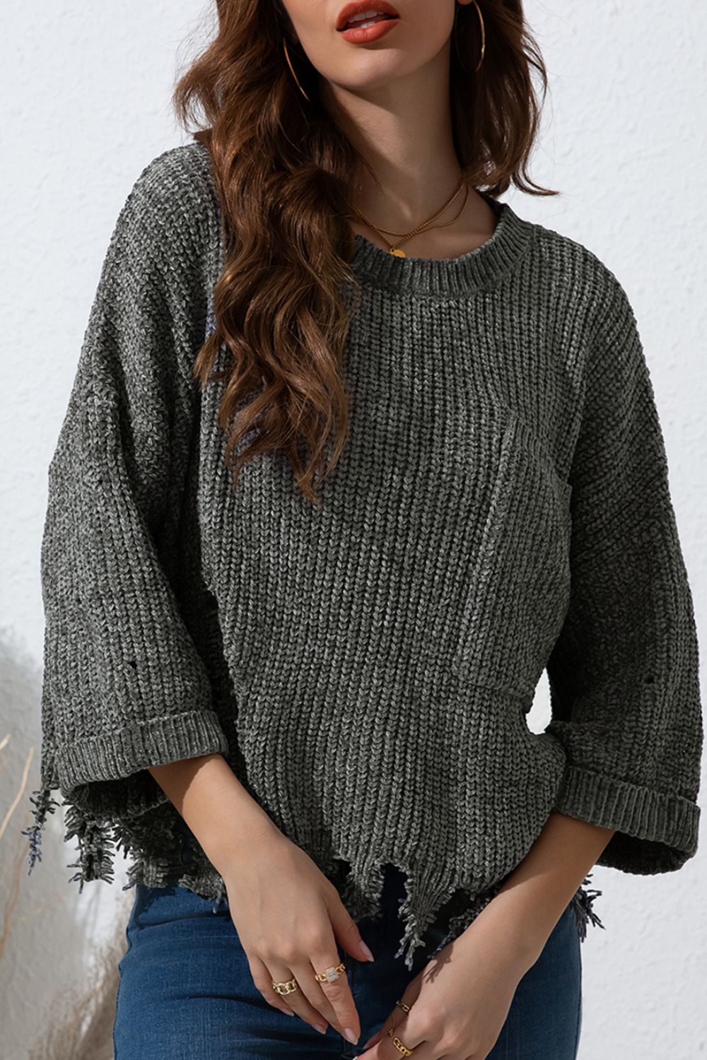 Distressed Round Neck Drop Shoulder Sweater-Angel Casuals