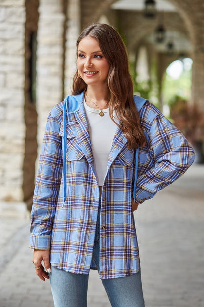 Mandy Plaid Long Sleeve Hooded Jacket-Angel Casuals