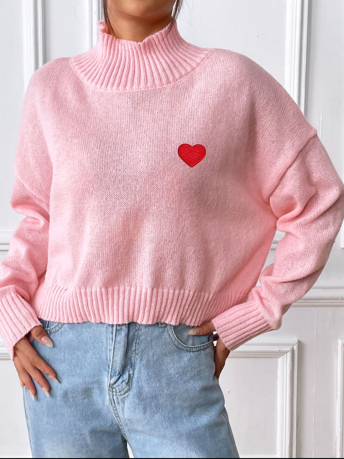 Heart Turtleneck Long Sleeve Sweater-Angel Casuals