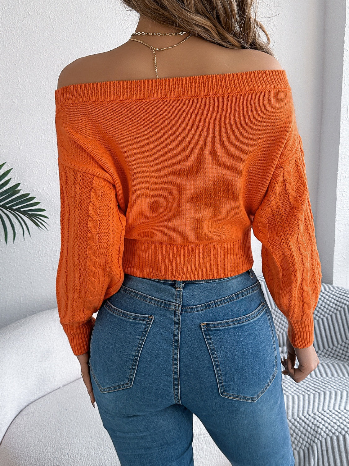 Cable Knit Off-Shoulder Long Sleeve Sweater-Angel Casuals