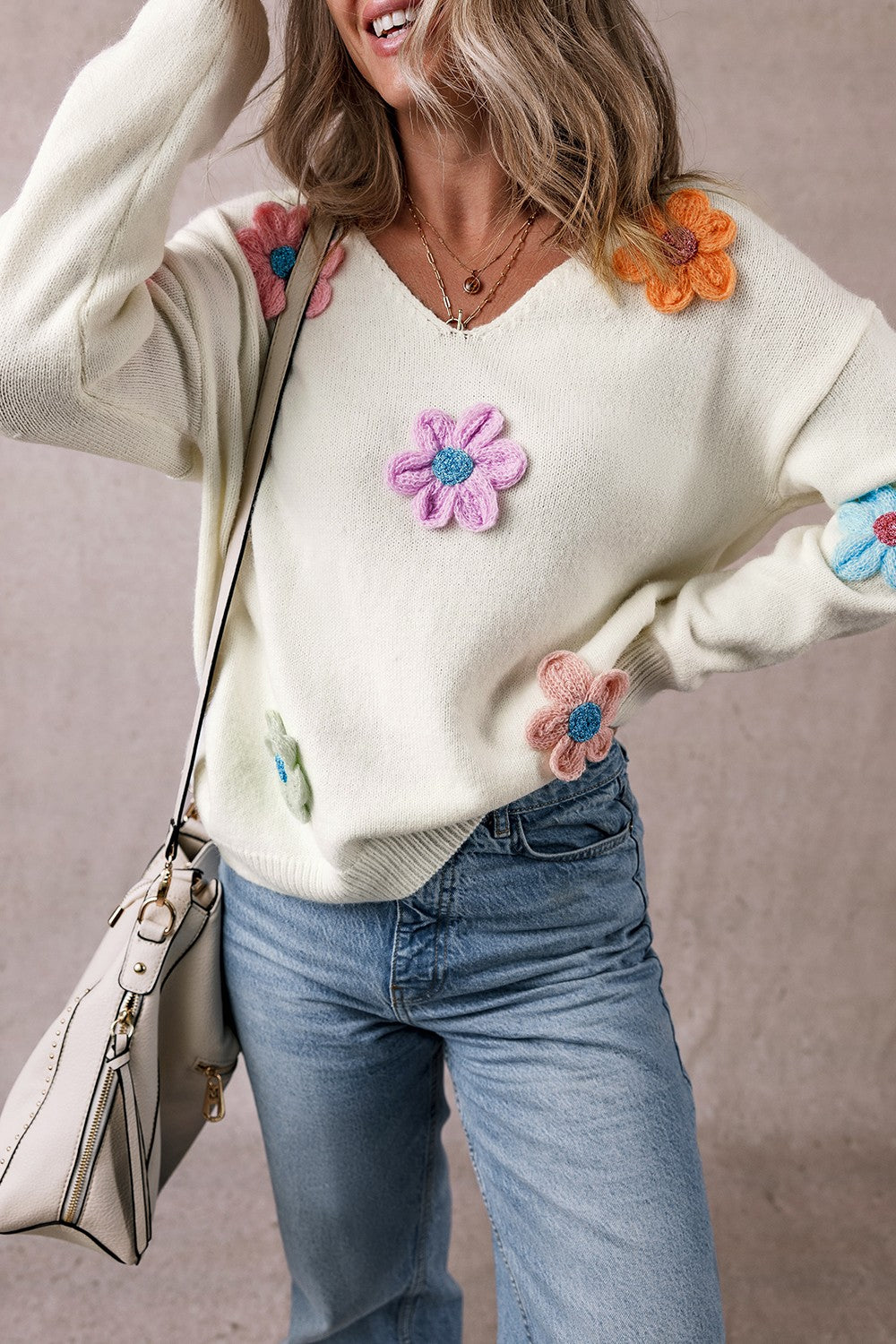 Crochet Flower V-Neck Long Sleeve Sweater-Angel Casuals