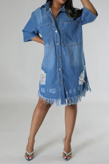 Distressed Raw Hem Button Up Denim Dress-Angel Casuals