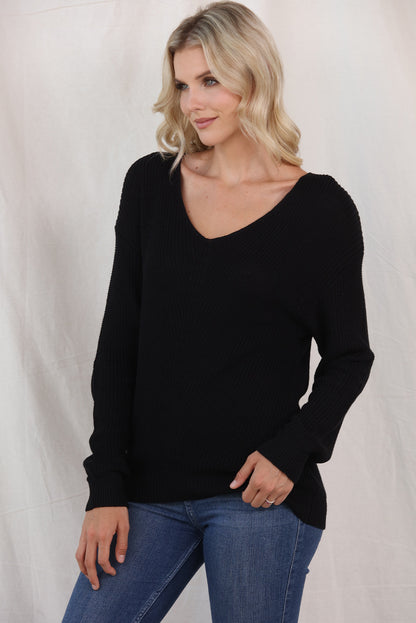 V-Neck Long Sleeve Knit Top-Angel Casuals