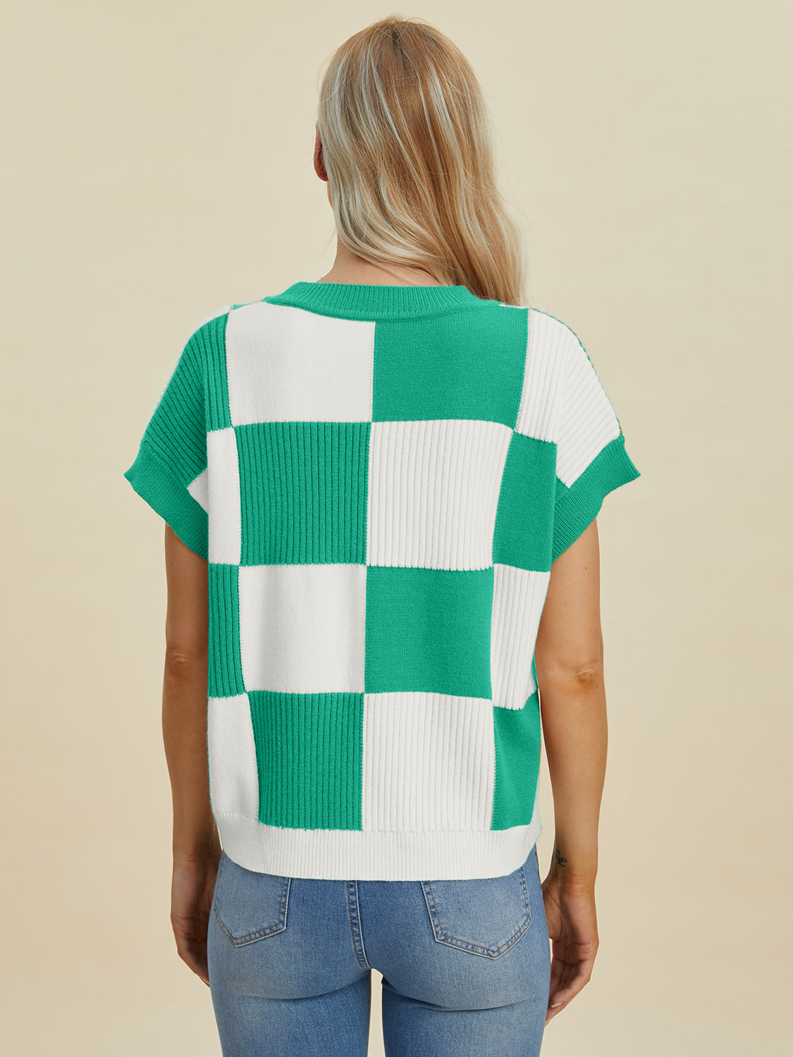 Double Take Full Size Checkered Round Neck Short Sleeve Sweater-Angel Casuals