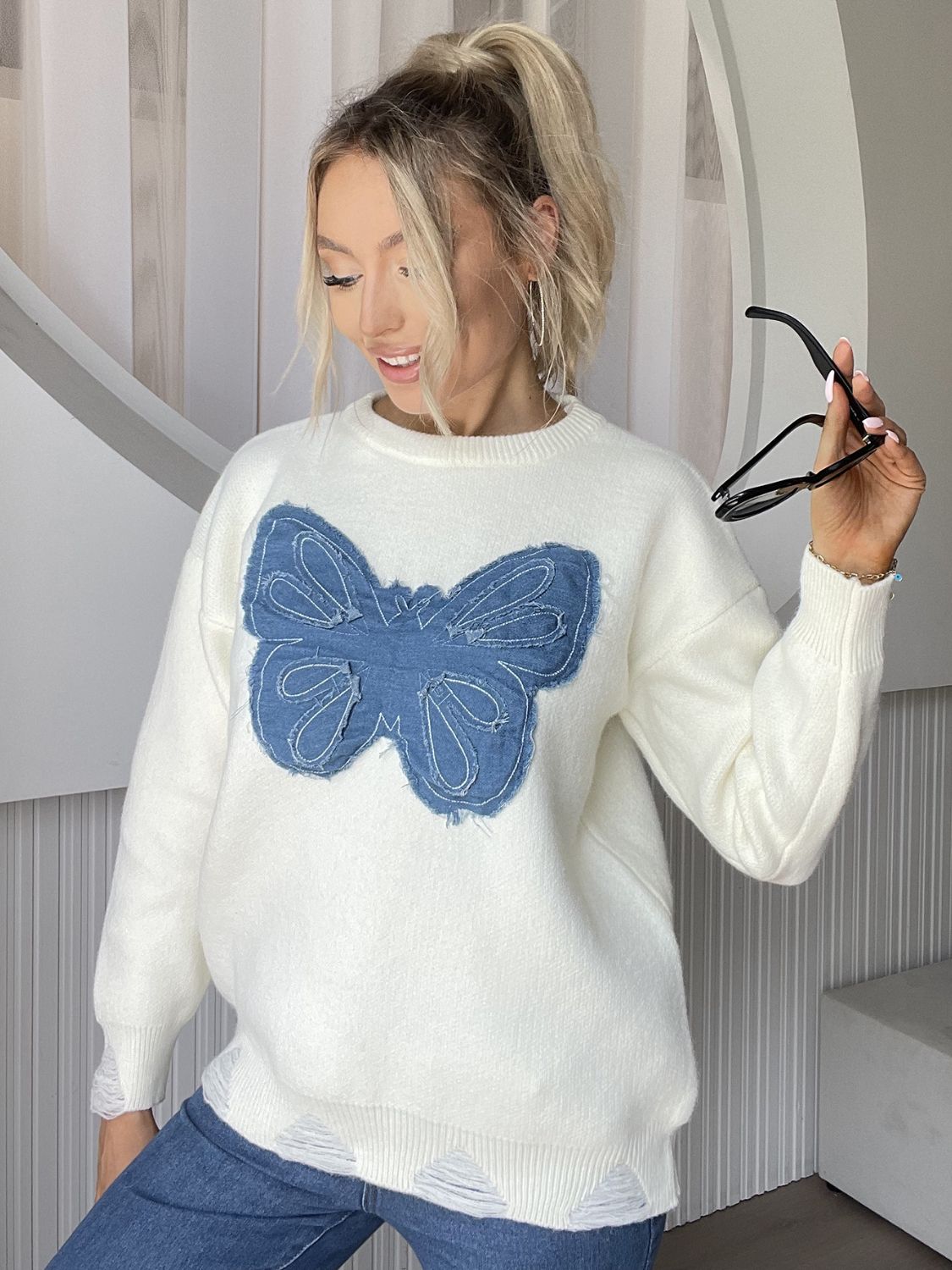 Butterfly Round Neck Long Sleeve Sweater-Angel Casuals