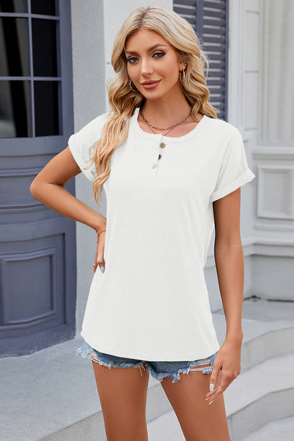 Round Neck Rolled Short Sleeve T-Shirt-Angel Casuals